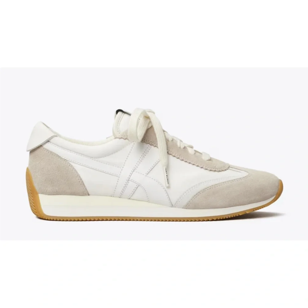 Tory Burch Hank Sneakers White Beige Nylon Suede Shoes Size 6